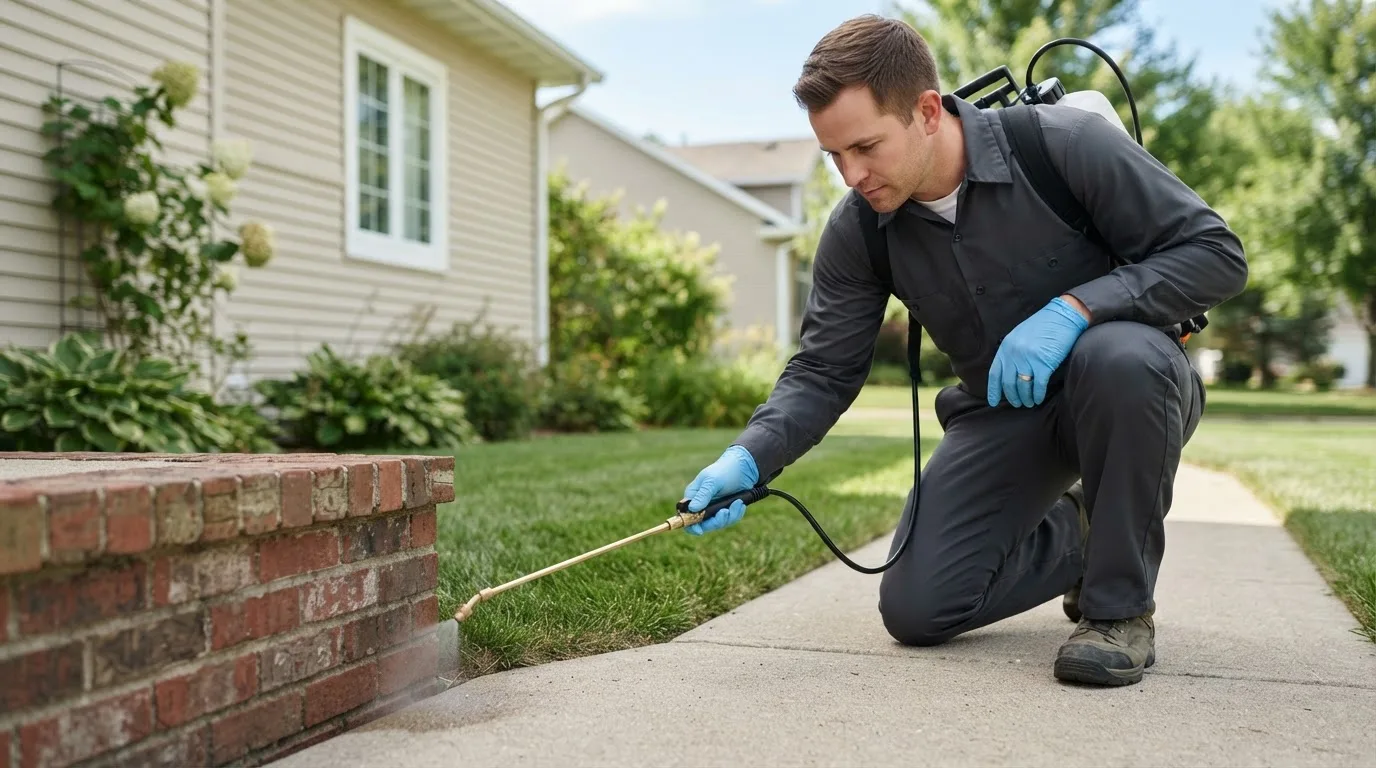 Pest control technician treating a home near Fosters, AL